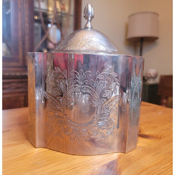 Vintage Silver Plate Trinket Jewelry Box w Lid Red Velvet Inside Engraved Design - Picture 10 of 16
